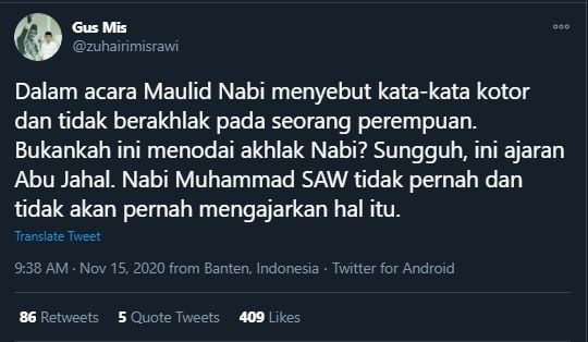 Cuitan Gus Mis Sindir Habib Rizieq (Twitter/Zuhairimisrawi).