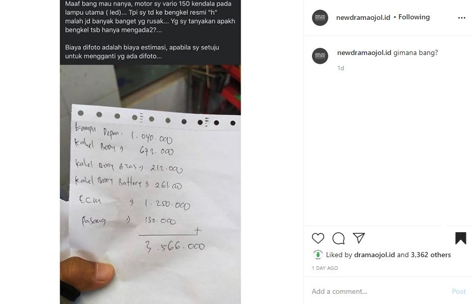 Viral tarif perbaikan tinggi Honda Vario 150. (Instagram)