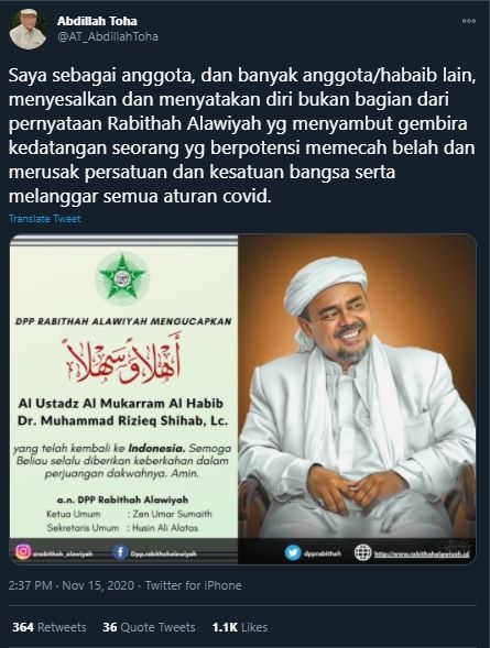 Cuitan Abdillah Toha Soal Habib Rizieq (Twitter/AT_AbdillahToha).