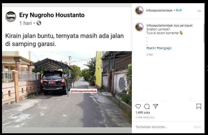 Viral Mobil Dinas Parkir di Bawah Kanopi yang Memakan Hampir Setengah Bahu Jalan (Instagram/Infoseputarlombok).