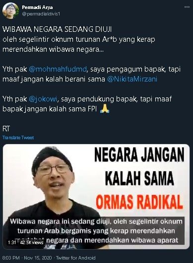 Cuitan Abu Janda. (Twitter/@permadiaktivis1)