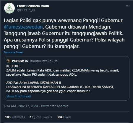 Cuitan FPI Terkait Panggilan Polisi ke Anies Baswedan (Twitter/DPPFPI_ID).