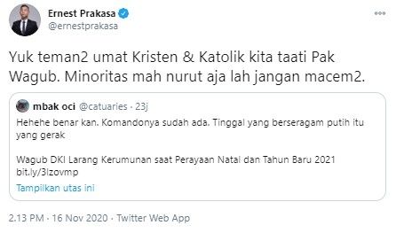 Komentar Ernest Prakasa soal larangan berkerumun saat natal dan tahun baru (Twitter/ernestprakasa)