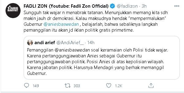 Pendapat Fadli Zon soal pemanggilan Anies Baswedan. (Twitter/@fadlizon)