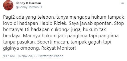 Benny K Harman sebut hukum di hadapan Rizieq ibarat macan ompong (Twitter/bennyharmanid)