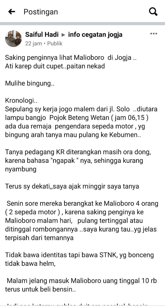 Warganet menolong remaja yang tersesat (Facebook Saiful Hadi)