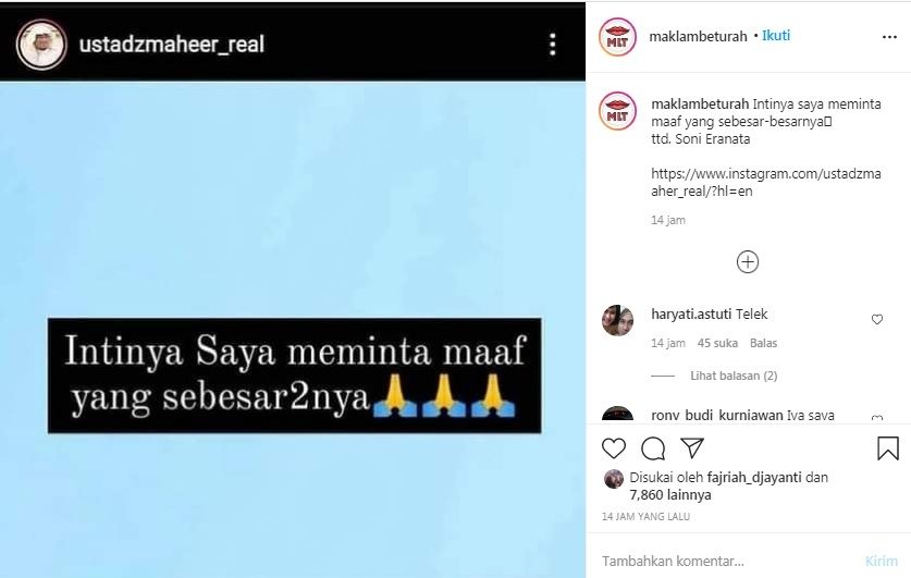 Unggahan soal Ustaz Maaher At-Thuwailibi [Instagram/@maklambeturah]