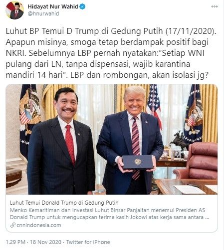 HNW komentari pertemuan Luhut dan Donald Trump (Twitter/hnurwahid)