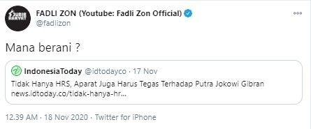 Fadli Zon pertanyakan keberanian polisi tindak Gibran yang langgar prokes (Twitter/fadlizon)