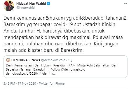 HNW minta aktivis positif Covid-19 di tahanan dibebaskan (Twitter/hnurwahid)