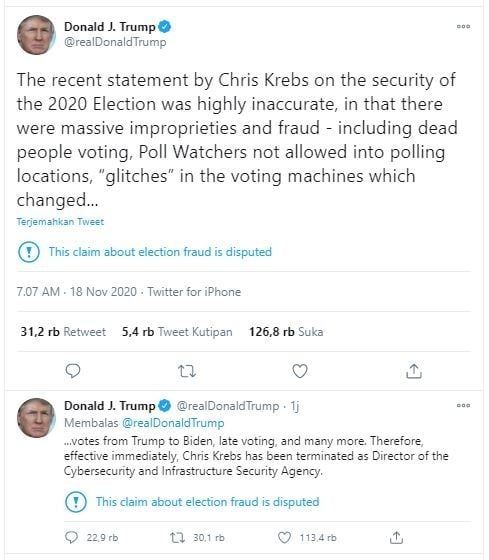 Donald Trump pecat Christopher Krebs. (Twitter/@realDonaldTrump)