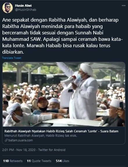 Cuitan Habib Husin Sebut Ceramah Bawa Kata Lonte Bisa Rusak Marwah Habaib (Twitter/HusinShihab).