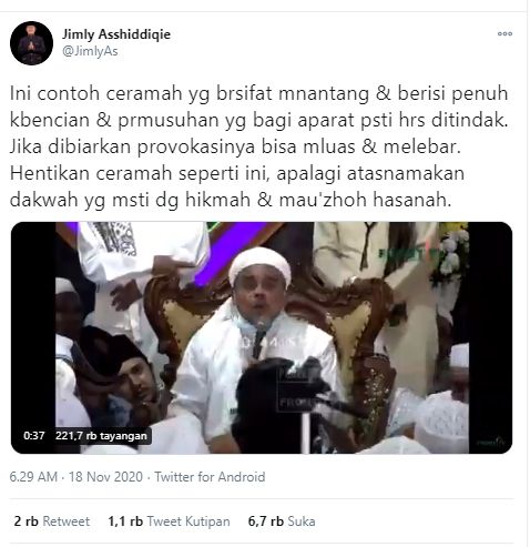 Capture the screen of Jimly Asshiddiqie's tweet commenting on the video recording of Habib Rizieq's conference on Twitter.  (Twitter @JimlyAS).