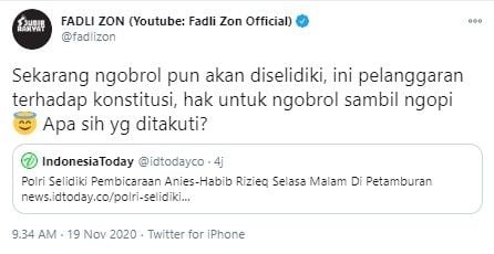 Fadli Zon komentari upaya polisi selidiki percakapan Rizieq dan Anies (Twitter/fadlizon)