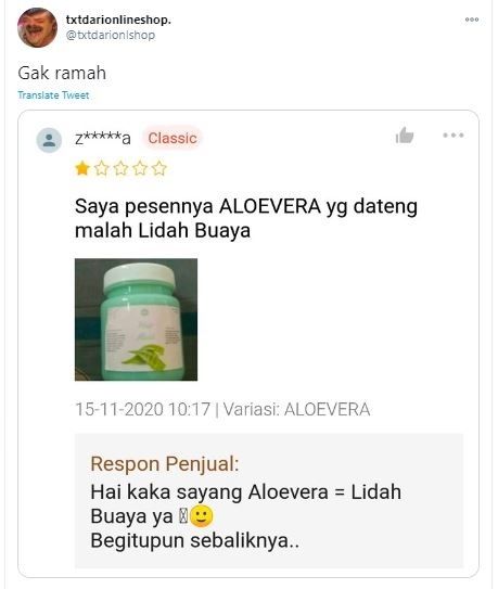 Beli Aloe Vera yang Datang Lidah Buaya, Komplain Ini Bikin Kesal (twitter.com/txtdarionlshop)