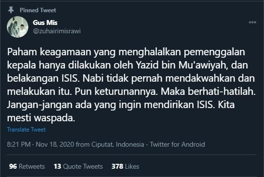 Zuhairi Misrawi Sebut Paham Pemenggalan Kepala Belakangan Dilakukan ISIS (Twitter/ZuhairiMisrawi).