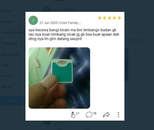 Belanja Online Dapat Timbangan Cicak (twitter.com/txtdarionlshop)