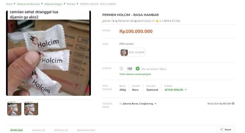 Guyonan mengenai permen Holcim ini dijajakan di salah satu toko online. (Tok*p*di*)