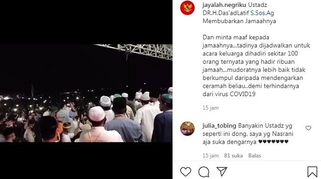 Video viral Ustaz Das'ad Latif bubarkan jemaah pengajian karena membludak.  (Instagram/jayalah.negeriku).