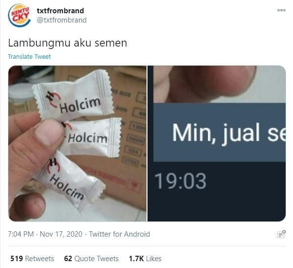 Thread mengenai ''permen Holcim'' ini viral di Twitter. (Twitter/ txtfrombrand)