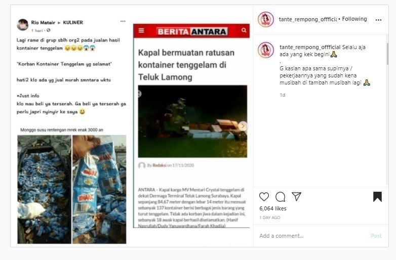 Susu kental manis dari kapal tenggelam (Instagram @tante_rempong_official)