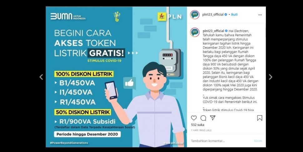 Cara Akses Token Listrik Gratis hingga Desember 2020 (instagram/@pln123_official)