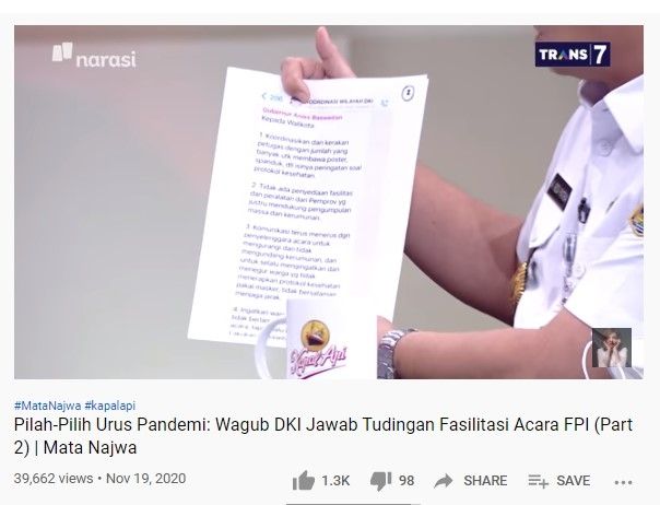 Wagub DKI tunjukkan bukti arahan Anies soal kerumunan di Petamburan (youTube/matanajwa)