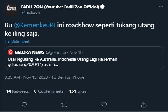 Fadli Zon Sentil Sri Mulyani (Twitter/Fadlizon).