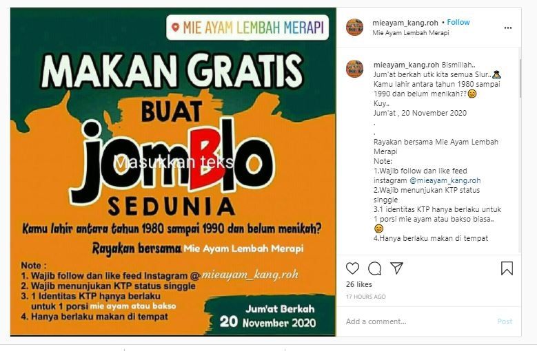 Promo makan gratis untuk jomblo (Instagram @mieayam_kang.roh)
