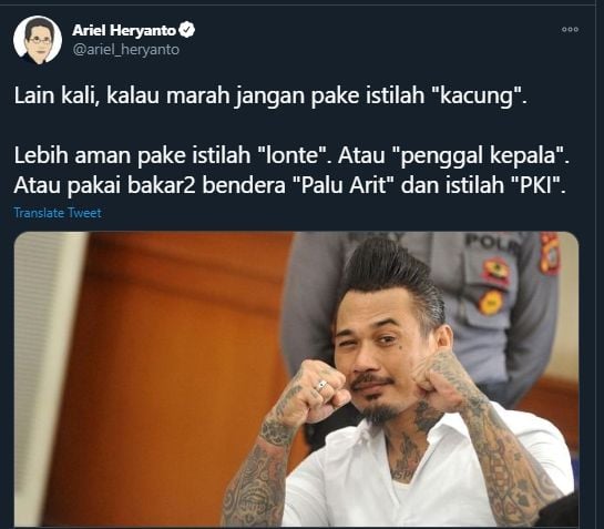 Cuitan Ariel Heryanto Sebut Istilah Lonte Lebih Aman Daripada Kacung (Twitter/Ariel_heryanto).