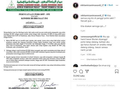 Tangkapan layar komentar Vanessa Angel di postingan Nikita Mirzani soal Habib Rizieq. [Instagram@nikitamirzanimawardi_17]