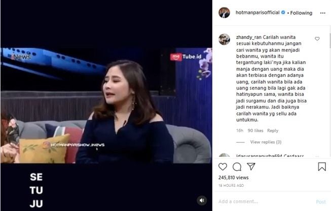 Pendapat Prilly Latuconsina soal cewek matre. (Instagram/@hotmanparisofficial)