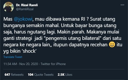 Rizal Ramli Sentil Presiden Jokowi Perihal Utang Negara (Twitter/RamliRizal),