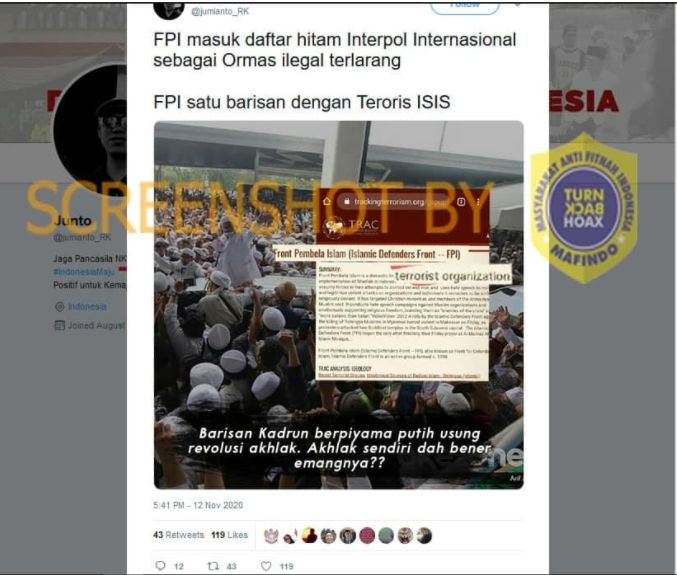 Cek Fakta FPI Organisasi Ilegar Terlarang Internasional (Turnbackhoax.id).