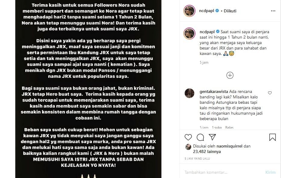 Janji Nora Alexandra untuk setia sampai mati kepada Jerinx SID. [Instagram]