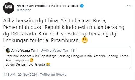 Fadli Zon sindir pemerintah pusat saingi Petamburan (Twitter/fadlizon)