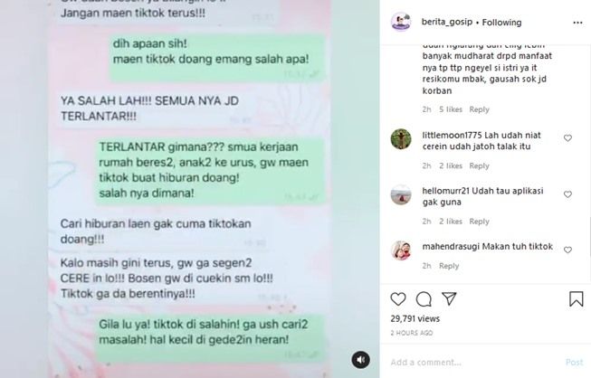Isi chat suami ancam ceraikan istri gegara TikTok. (Instagram/@berita_gosip)