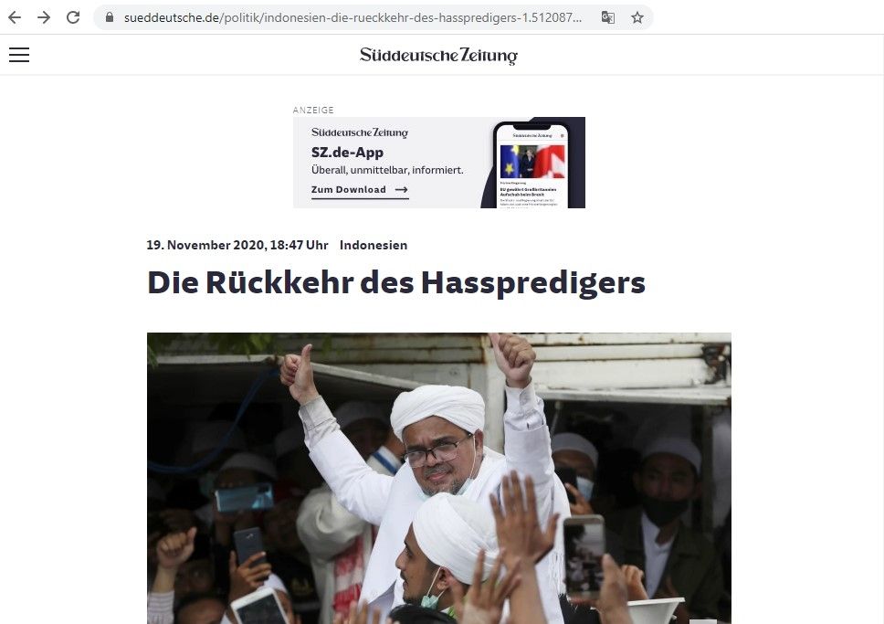 Media Jerman beritakan kepulangan Rizieq si Pengkhotbah Kebencian (Sueddeutsche.de)