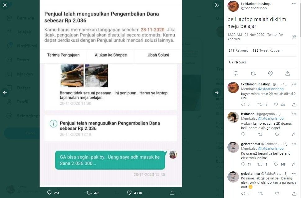 Beli laptop di olshop malah dapat meja belajar lipat (Twitter/txtdarionlshop)