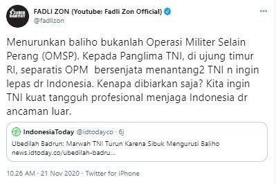 Fadli Zon kritik TNI copot baliho Rizieq (Twitter/fadlizon)