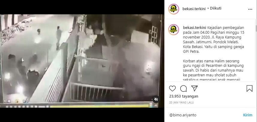 Viral Video Detik-detik Pembegalan Guru Ngaji di Bekasi (Instagram/bekasi.terkini).