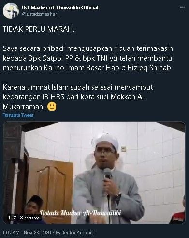 Ustaz Maaher tanggapi pencopotan baliho Rizieq. (Twitter/@ustadmaaher_)