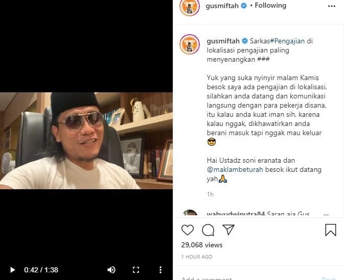 Klarifikasi Gus Miftah soal video ceramah yang disebarkan Ustadz Maheer. - (Instagram/@gusmiftah)