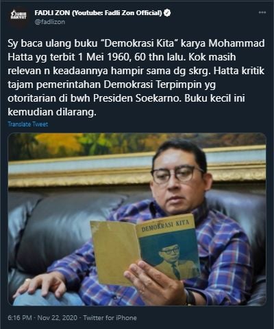 Foto Fadli Zon Baca Buku (Twitter/FadliZon).