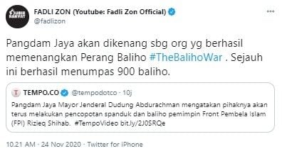 Fadli Zon sebut Pangdam Jaya jadi pemenang perang baliho (Twitter/fadlizon)