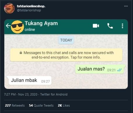 Pembeli Tanya Dagangan Lewat Chat, Jawaban Penjual Ayam Ini Bikin Ngakak. (Twitter/@txtdarionlineshop)