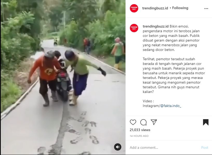 Ulah pemotor yang menerjang jalan cor basah. (Instagram)