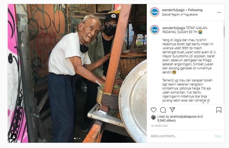 Kakek ini berjualan soto di usia 93 tahun (Instagram @wonderfuljogja)