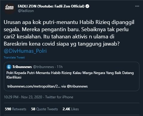 Cuitan Fadli Zon Tak Terima Anak dan Mantu HRS Dipanggil Polri (Twitter/FadliZon).