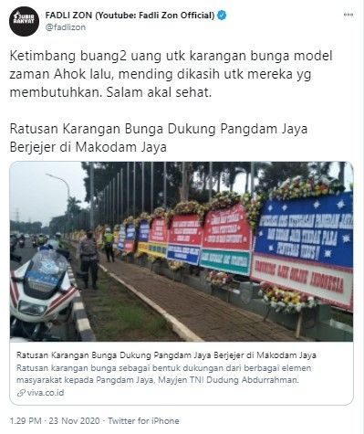 Fadli Zon samakan fenomena karangan bunga untuk Pangdam Jaya seperti era Ahok (Twitter/fadlizon)